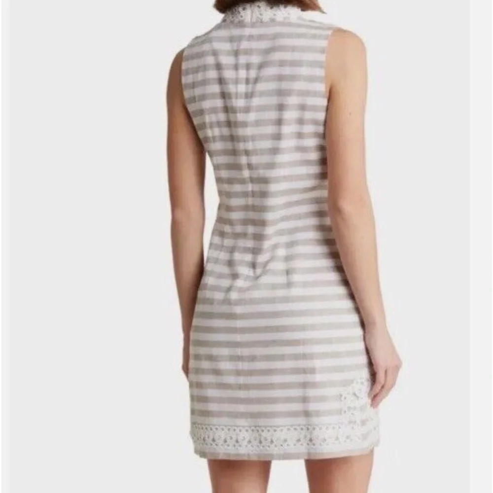 Eliza J Tan And White Striped Linen Shift White Crochet Trim